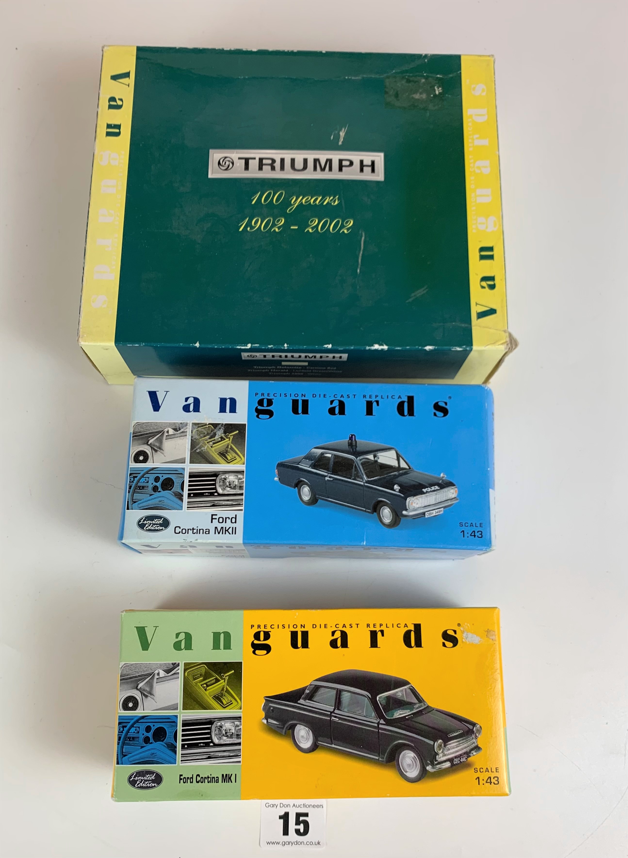 Boxed Vanguards Triumph TC1003 Dolomit Carmine Red, Herald Lichfield Green/white and Triumph 2000