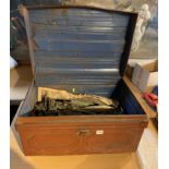 Tin trunk containing large quantity of Hornby Dublo railway track