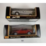 2 boxed Maisto Special Edition 1:18 die cast cars – Mercedes Benz SLK 230 and Mercedes Benz 500SL