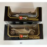 2 boxed BBurago 1:18 die cast cars – Lamborghini Countach 1988 and Alfa Romeo 2300 Spider 1932
