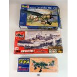 Boxed Airfix 1:600 HMS Belfast, boxed Revell 1:32 Westland Lysander MK. 1/111 and boxed Guillow’s