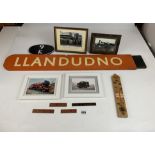 Wooden sign Llandudno, Tetleys thermometer, small railway signs and 4 railway prints