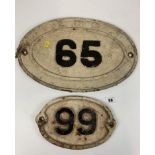 2 metal railway plaques – numbers 65 and 99