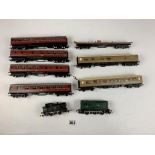 6 assorted railway coaches, 2 locomotives and flatbed trailer
