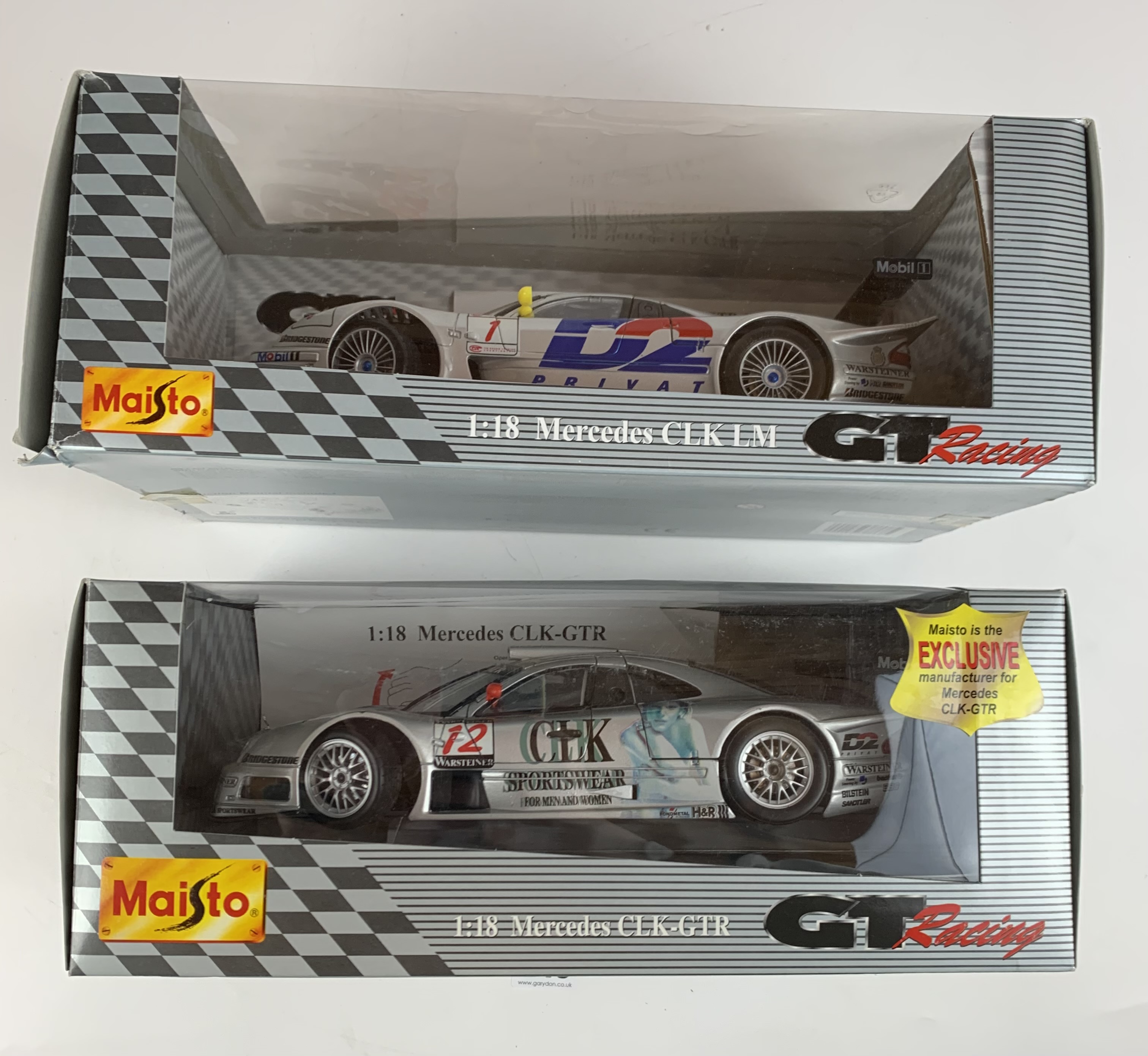 2 boxed Maisto 1:18 die cast racing cars – Mercedes CLK LM and Mercedes CLK-GTR