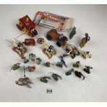 Box of Timpo and other plastic figures including cowboys, Indians, Crusaders, Roman and military