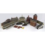 Assorted railway buildings, bridge and accessories, model Morris Minor Traveller and Corgi Morris