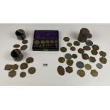 Cased set of weights and 3 tins of brass numbered tags