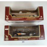 2 boxed Road Legends 1:18 die cast metal cars – Chevrolet 1957 Corvette Gasser and Cadillac Eldorado