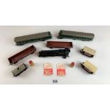 Hornby Tri-ang engine ‘Princess Victoria’, 2 carriages, 2 flat bed trucks, 2 wagons, Shell wagon and