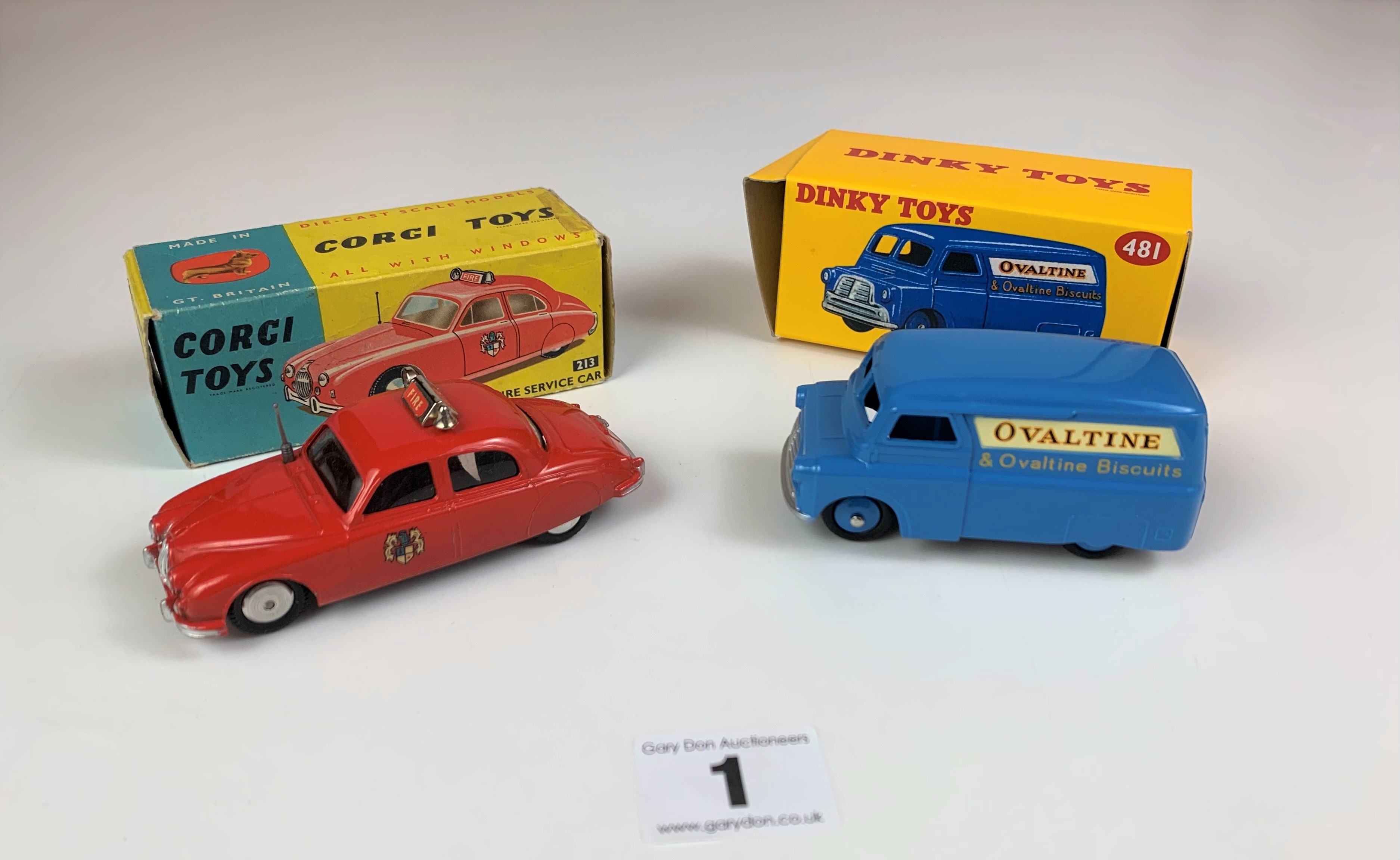 Boxed Dinky Toys 481 Bedford 10 CWT Van ‘Ovaltine’ and boxed Corgi Toys 213 2.4 Jaguar Fire