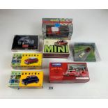 Boxed Cararama Mini & Caravan, Vanguards Austin 7 Mini, Vanguards Mini Cooper S, Scalextric Mini