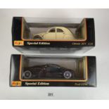 2 boxed Maisto Special Edition 1:18 die cast cars – Citroen 2CV and Ford GT90