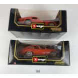 2 boxed Bburago 1:18 die cast cars – Jaguar E Coupe 1961 and Ferrari 250 GTO 1962