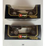 2 boxed BBurago 1:18 die cast cars – Mercedes Benz SSK 1928 and Mercedes Benz SSKL 1931