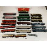 21 assorted Hornby and Wrenn coaches and 1 flatbed trailer
