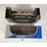 2 boxed Anson Collectibles 1:18 die cast cars – Mercedes-Benz E-Class and blue BMW
