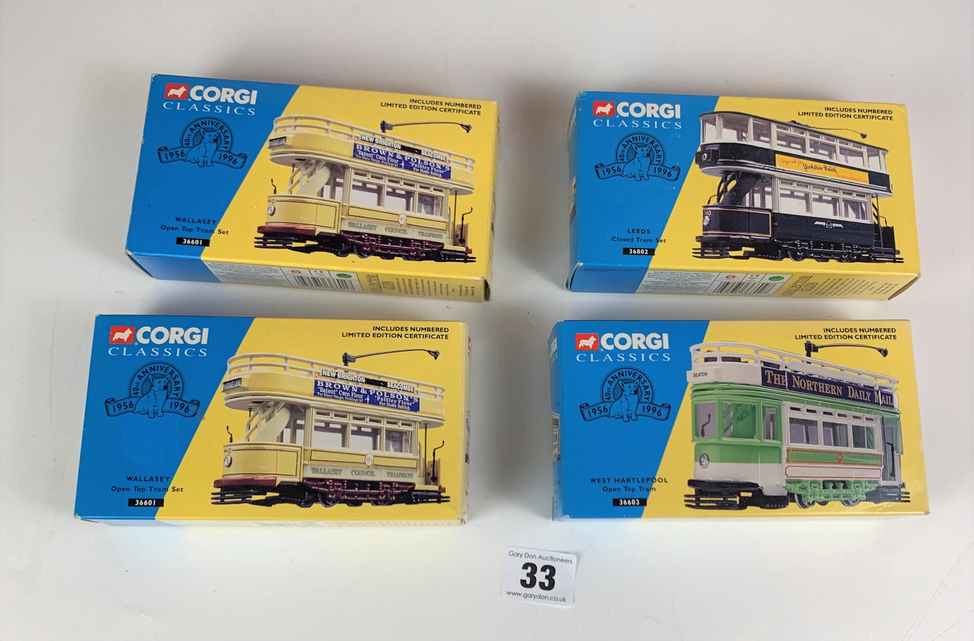 4 boxed Corgi Classics- 2 x Wallasey Open Top Tram Set 36601, Leeds Closed Tram Set 36802, West