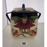 Large blue/white Moorcroft lidded square jar, signed and dated 1998, 7” high x 8.5” wide