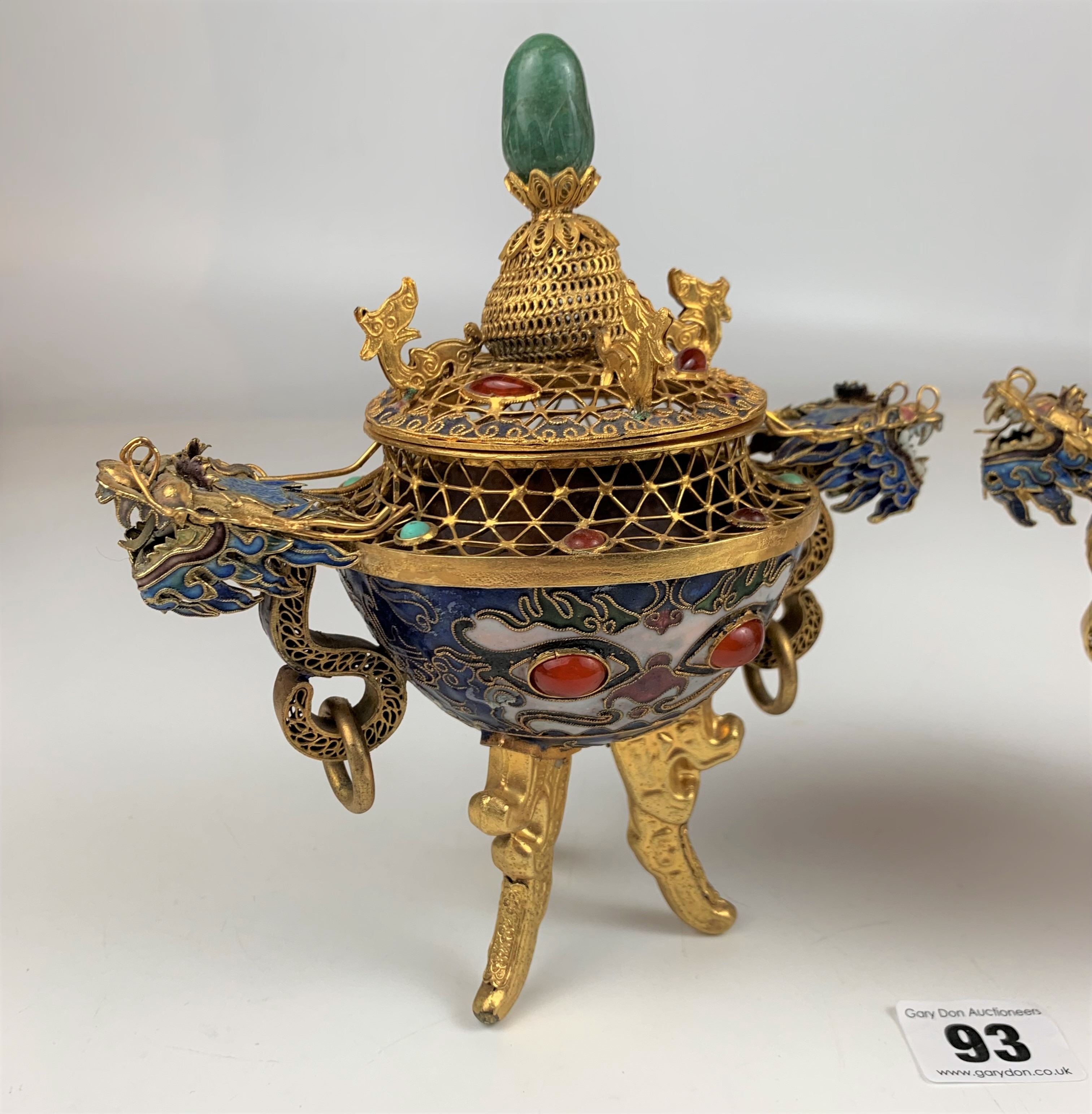 Pair of reproduction metal and coloured stones incense burners, 7.5” high - Image 2 of 9