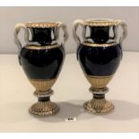 Pair of continental china blue and gilt vases, 11” high