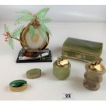 Green onyx cigarette box, 2 onyx table lighters, 2 small trinket boxes and glass/metal bonsai tree