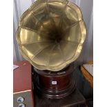 His Master’s Voice Sound Box round portable wind up gramophone with brass horn (damaged)