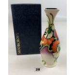 Boxed Moorcroft orange/green/white vase 8.5” high, signed and dated 2007/08