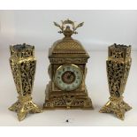 3 piece brass clock set – clock height 12” (second hand detached) and pair of vases 8.5” height
