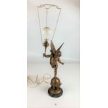 French Spelter cherub lamp on round onyx base with pink lampshade. Marked ‘L’Amour Vagabond’ after