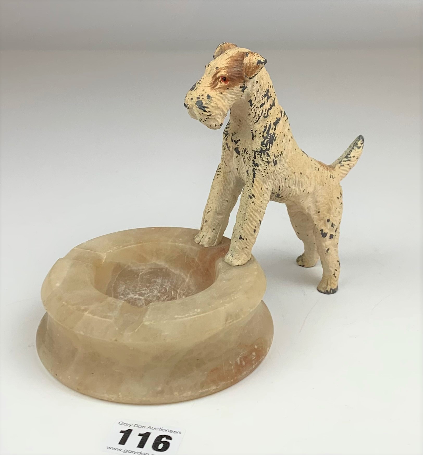 Onyx ashtray with cold painted terrier dog, 6” high