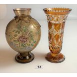 2 Bohemian brown glass vases - bulbous painted vase 9” high (possible repair) and flower vase 8.5”