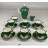 15 piece Royal Standard green/gold coffee service to include 6 cups, 6 saucers, coffee pot, cream