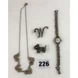 Silver marcasite necklace, cocktail watch, dog brooch and W brooch, total w: 1.2 ozt