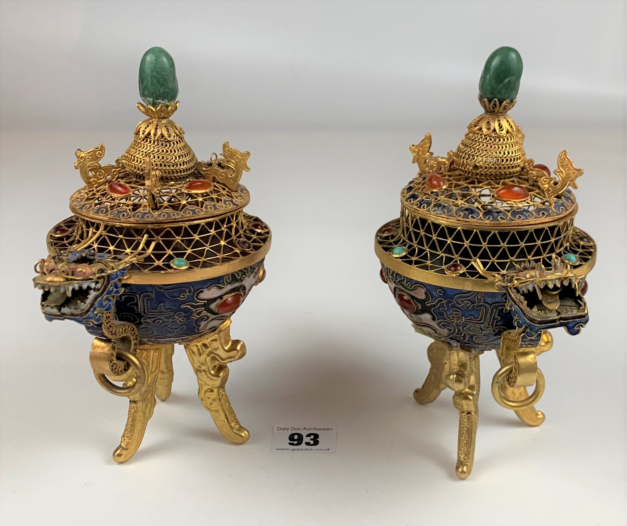 Pair of reproduction metal and coloured stones incense burners, 7.5” high - Image 6 of 9