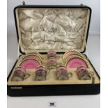 Aynsley pink/gilt cased set of 6 coffee cups in silver holders with 6 saucers