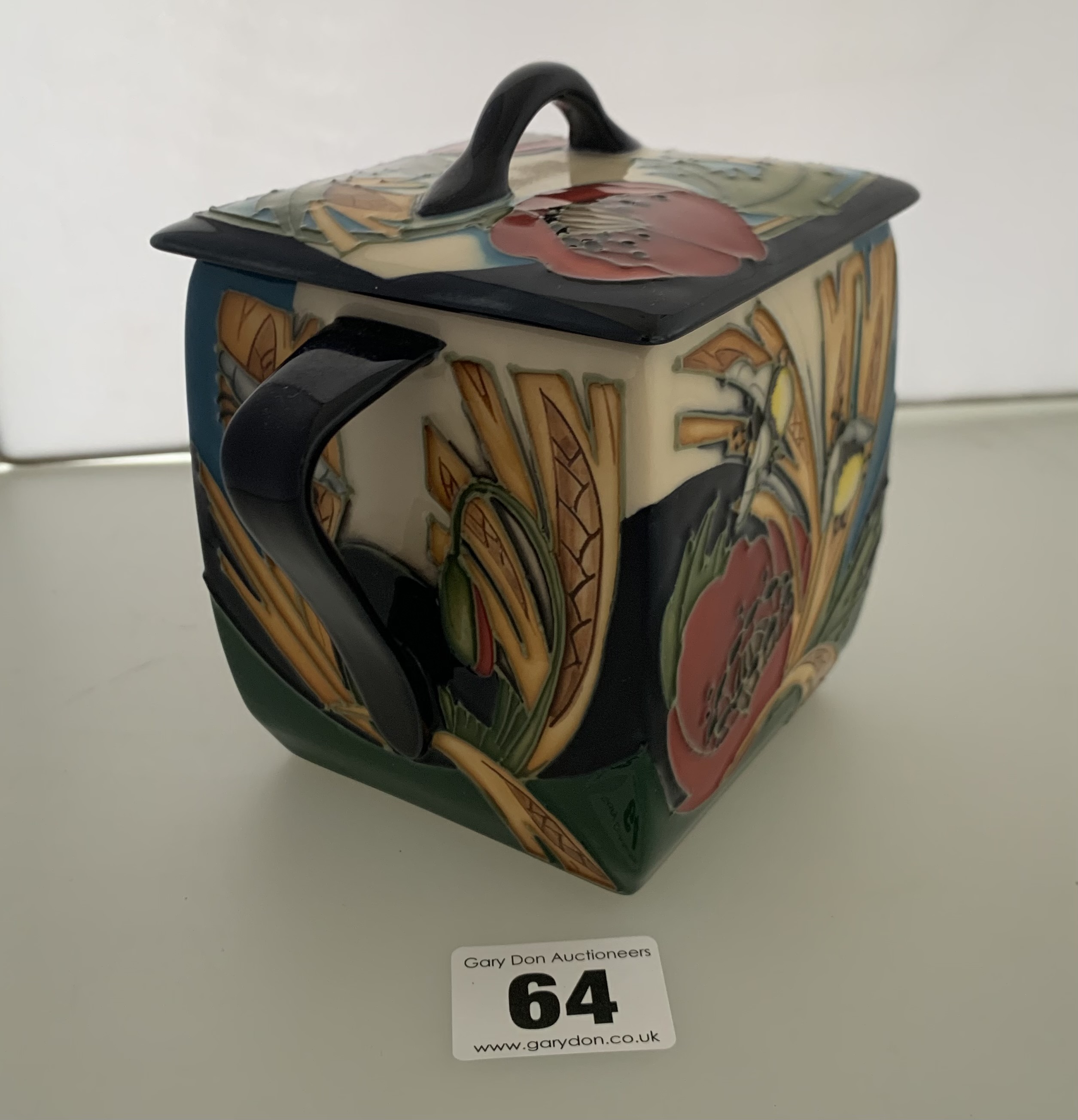 Square lidded Moorcroft jar, signed and dated 2012, 43/100, 5” high x 7” wide - Image 2 of 6