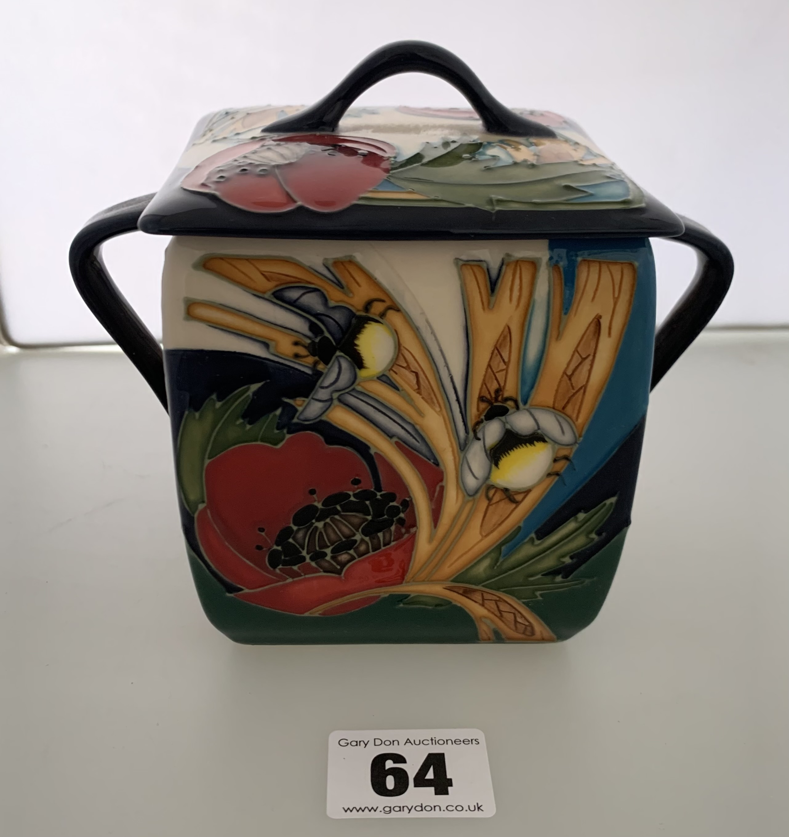 Square lidded Moorcroft jar, signed and dated 2012, 43/100, 5” high x 7” wide - Image 4 of 6