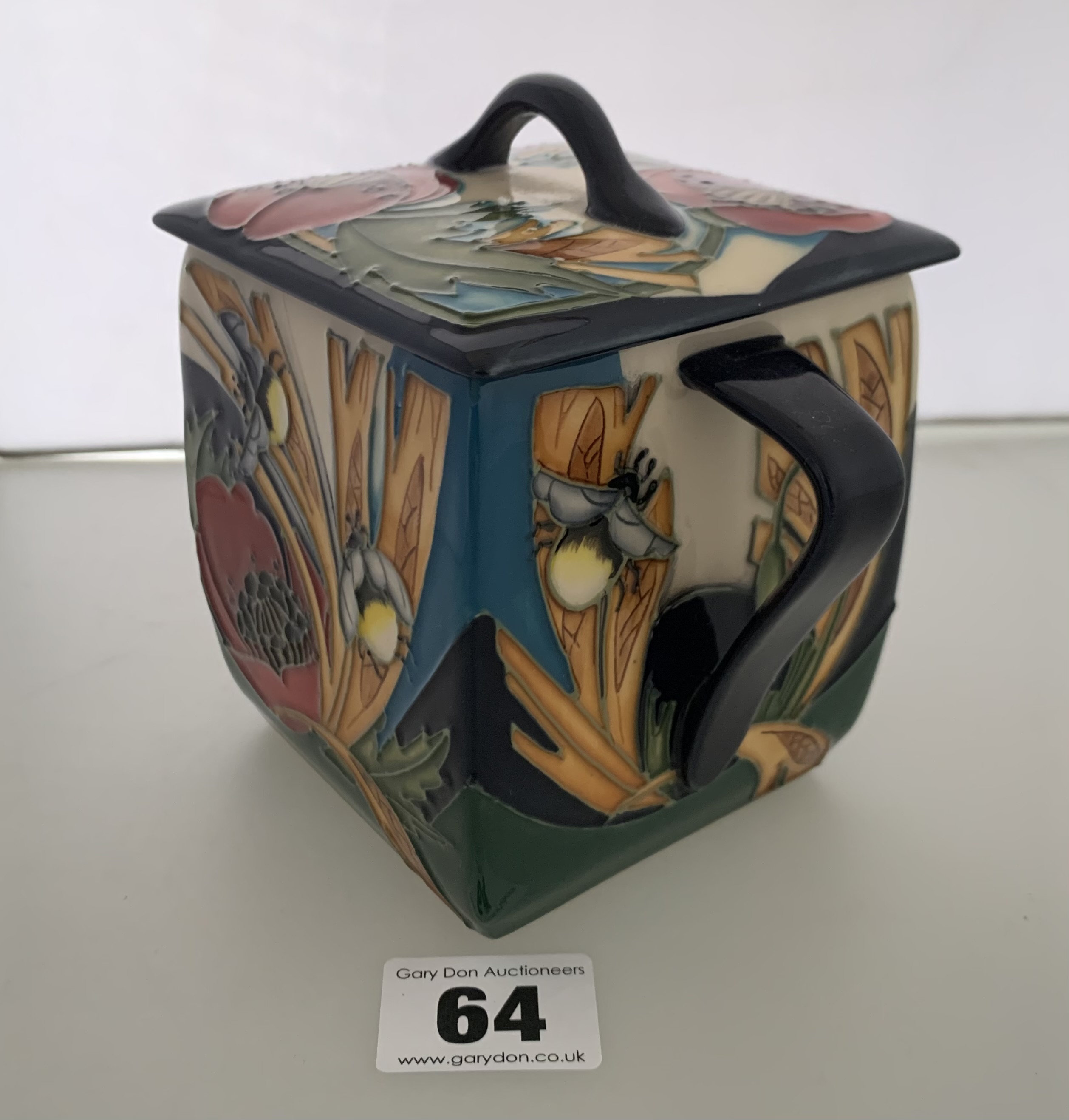 Square lidded Moorcroft jar, signed and dated 2012, 43/100, 5” high x 7” wide - Image 3 of 6