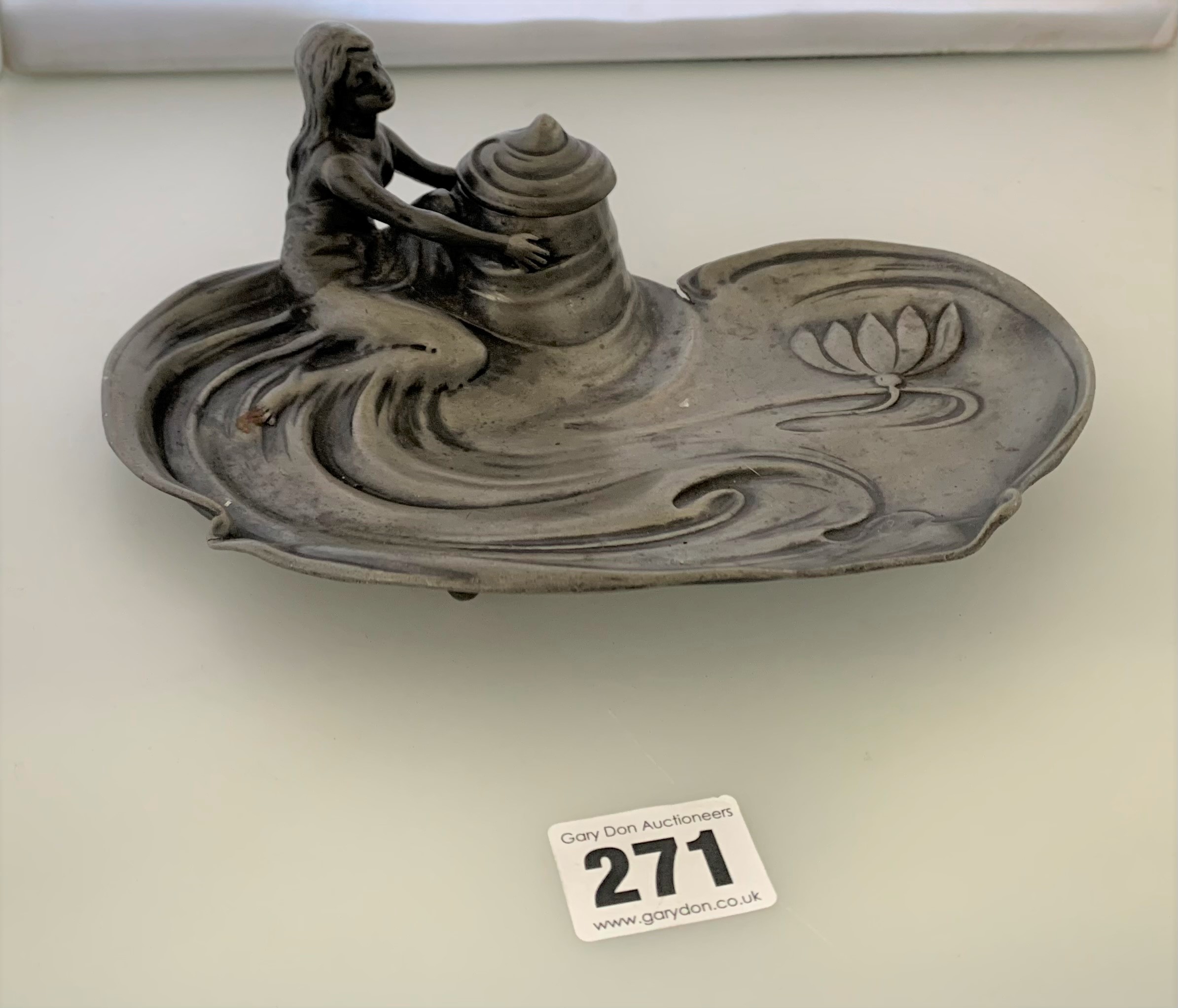 Art Nouveau style pewter inkwell 8” long