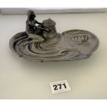 Art Nouveau style pewter inkwell 8” long