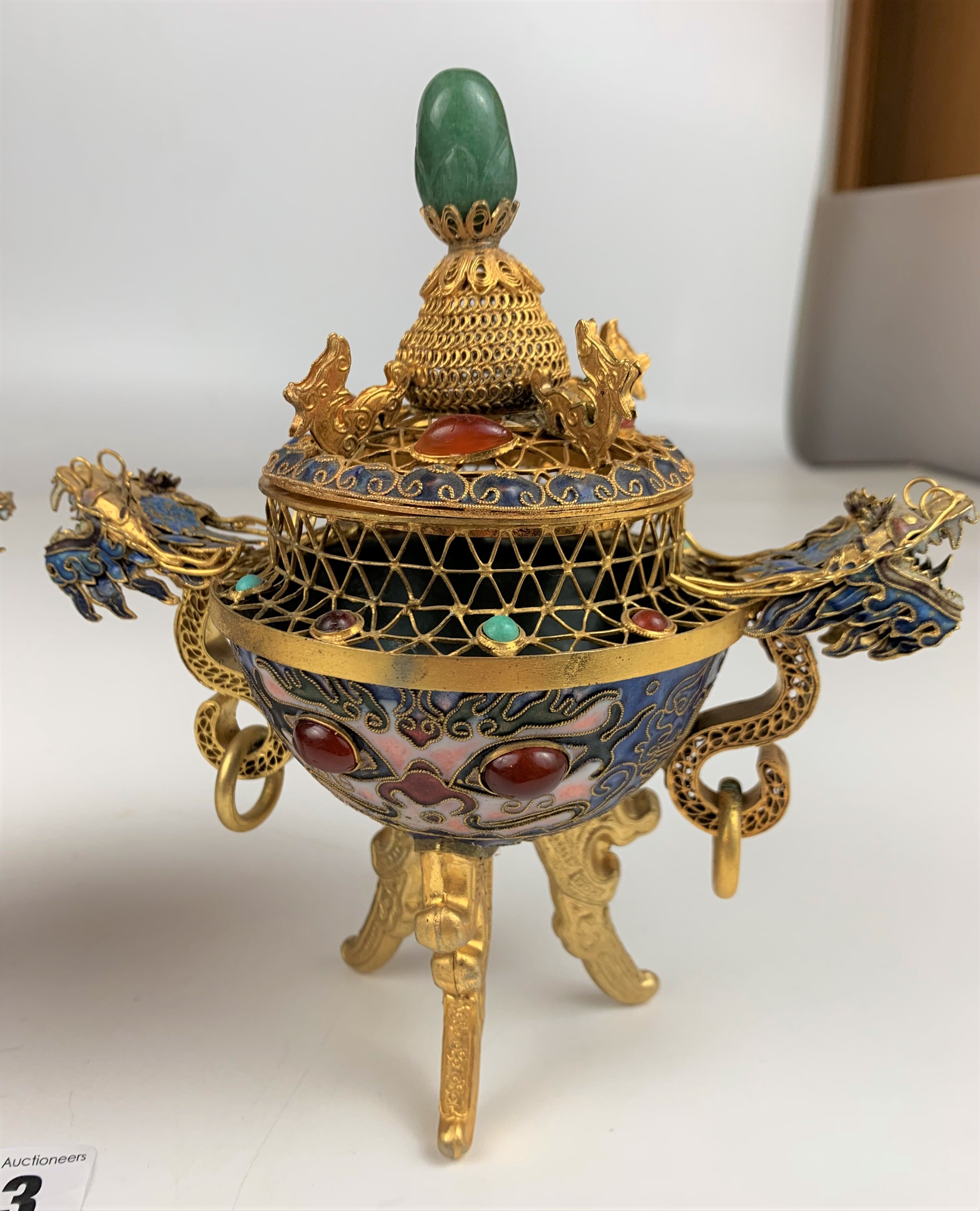 Pair of reproduction metal and coloured stones incense burners, 7.5” high - Image 3 of 9