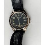 Cased gents Sewills Liverpool Ark Royal wristwatch with leather strap, running and Tauchmeister