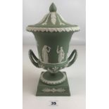 Wedgwood green/white Jasper ware lidded urn, 12” high