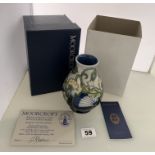 Boxed blue/cream Moorcroft signed vase dated 20/3/97, 5.5” high