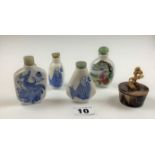 4 small oriental lidded porcelain scent bottles 2.5” – 2.75” height and brown glass lidded pot