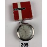 Boxed and cased plated Ingersoll pocket stop watch, 2” diameter. Running