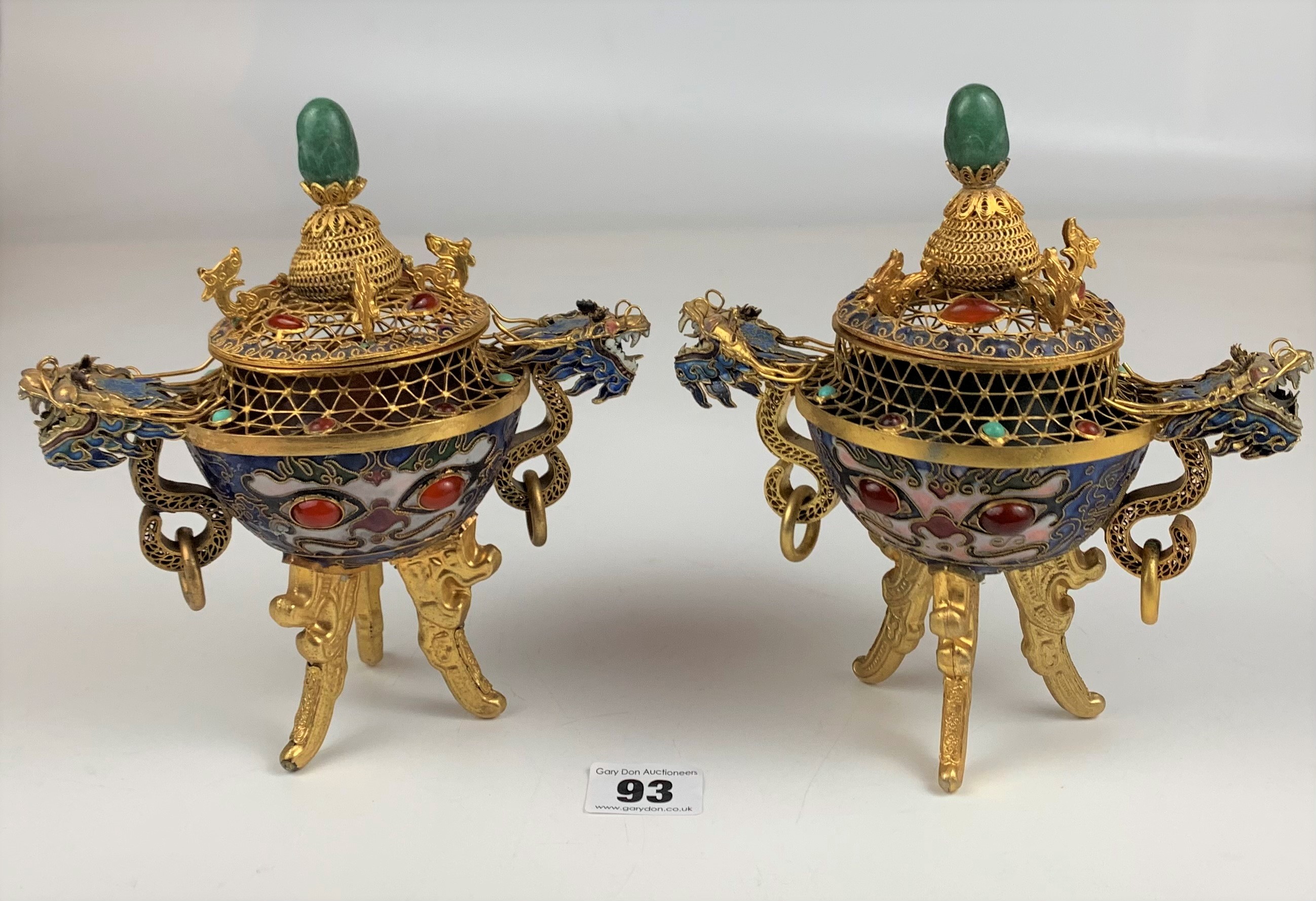 Pair of reproduction metal and coloured stones incense burners, 7.5” high