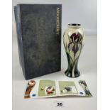 Boxed Moorcroft purple/green/white vase 8.5” high, Persephone design, signed and dated 2008/09