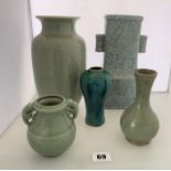 5 assorted sized green pottery vases, 2 x 9” high, 5.5” (damaged) , 5” and 4” high